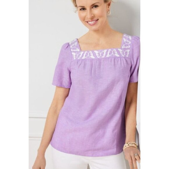 Talbots Tops - TALBOTS linen butterfly embroidered square neck top size S
